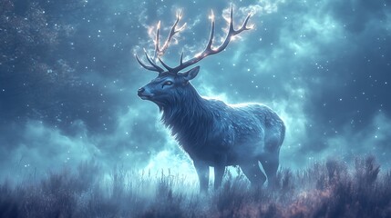 Naklejka premium A majestic deer with glowing antlers stands in a field of tall grass, bathed in ethereal blue light, against a backdrop of swirling clouds.