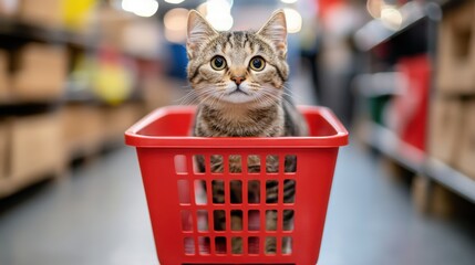 Adorable Tabby Cat Seated in a Red Shopping Basket in Retail Aisle. Generative ai