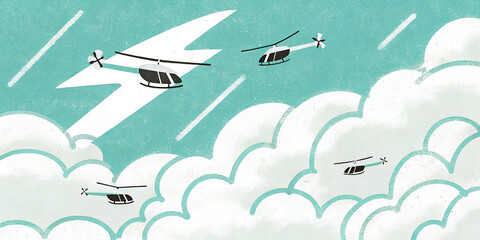 Fototapeta premium Helicopters Soaring Through Cloudy Sky with Lightning Strikes