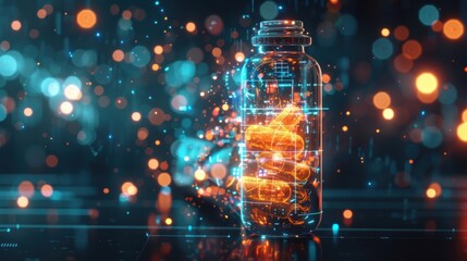 Futuristic Vitamin Bottle with Glowing Effects and Digital Data Points for Innovative Health Promotion