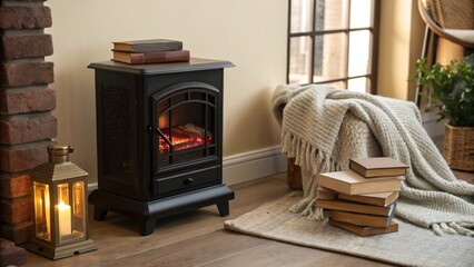 Miniature Electric Fireplace on Wooden Table Next to Books and Blanket