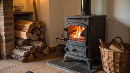 Wood stove with open door, emitting a soft and cozy glow in a dark room