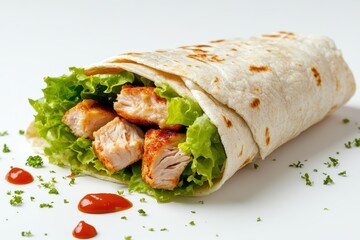 Turkey zinger sandwich on tortilla with lettuce ketchup and mayo White backdrop