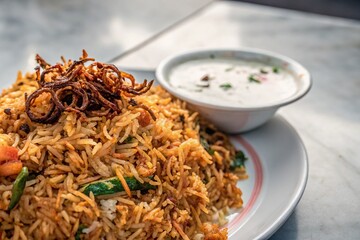 Delicious Vegetable Biryani with Raita Sauce - A Flavorful Indian Dish