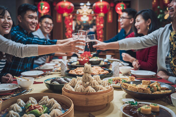 Family toasting during chinese new year's eve reunion dinner
