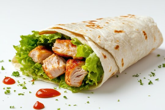 Turkey zinger sandwich on tortilla with lettuce ketchup and mayo White backdrop