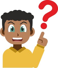 cartoon anime style illustration of a black afro american boy pointing at a question mark to ask a question. Concept about questions and curiosities