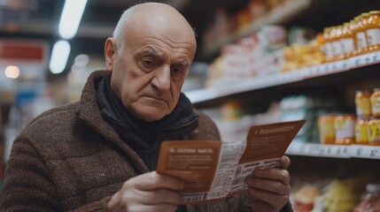 Elderly Man Reading Food Labels in a Grocery Store for Informed Shopping Decisions. Generative ai