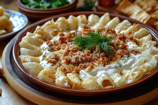 Turkish Silor Siron Ziron dumplings from Artvin served with yogurt minced meat and fried butter sauce along with dill infused Manlama