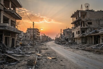 Destroyed City at Sunrise: A Haunting Landscape of Rubble and Ash