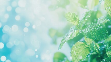 Macro Image of Dew-Covered Mint Leaves in Sunlight, Portraying Freshness and Hydration – Great for Summer, Organic, and Refreshing Health-Themed Projects