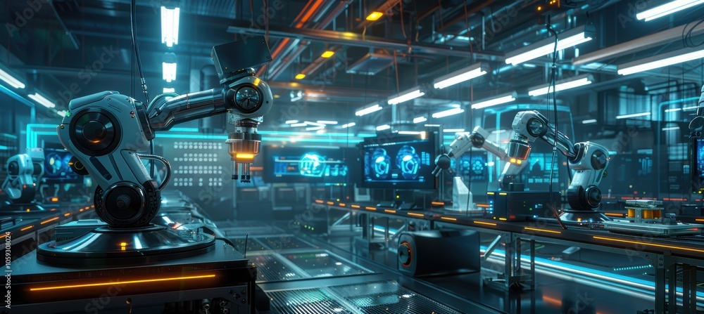 Poster futuristic factory floor with robots assembling autonomous delivery units for industrial innovation