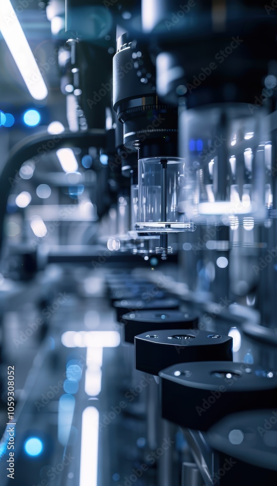 Poster smart farming robots assembly line in a futuristic factory with engineers testing technology