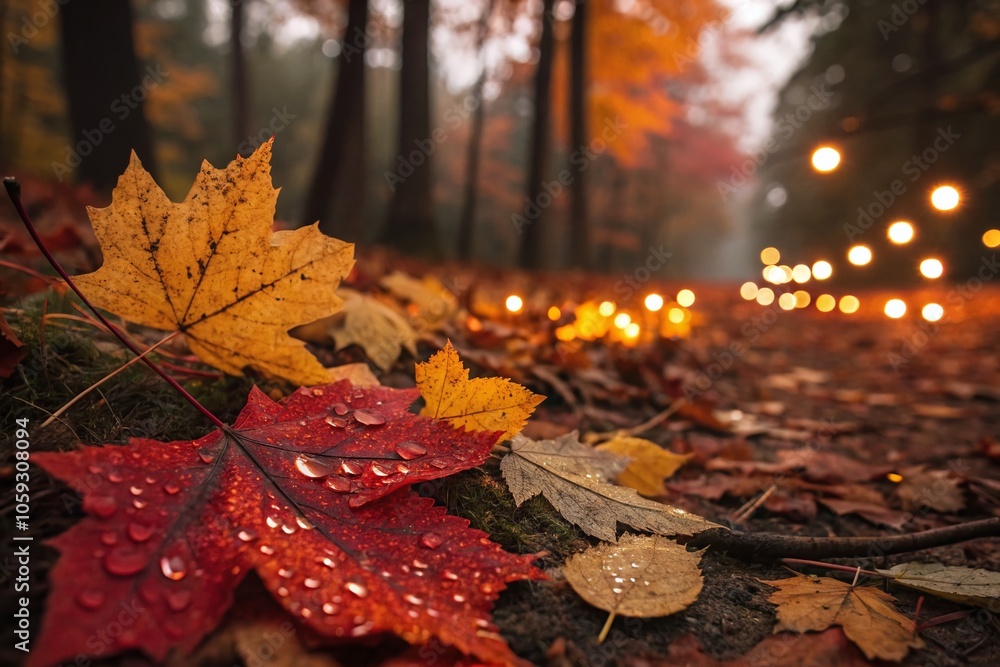 Aufkleber dew-covered autumn leaves on forest floor with glowing bokeh in high dynamic range