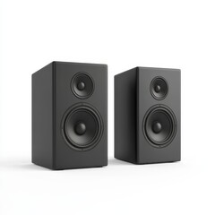 Obraz premium Two sleek black speakers, designed for clear audio, featuring woofers and tweeters, suitable for a variety of sound systems.