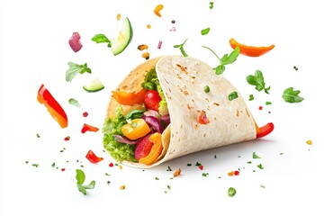 Vegetable filled taco in corn tortilla on white background