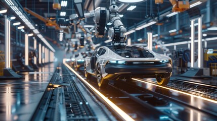 Futuristic Factory with Robotic Arms Assembling Self-Driving Electric Cars for Advanced Production
