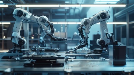 Fototapeta premium Futuristic Factory with Robotic Arms Assembling Exoskeleton Suits for Industrial Innovation