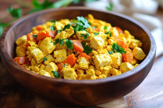 Vegetable stir fried tofu scramble with turmeric and nutritional yeast