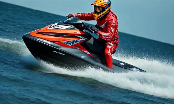 A person riding a jet ski through splashing water.