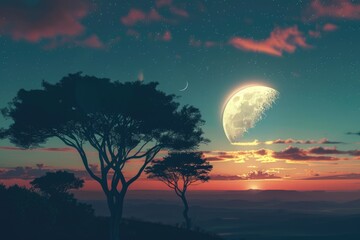 Fototapeta premium Silhouetted trees against dusk sky with setting sun and rising moon