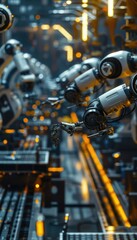 Fototapeta premium Futuristic Smart Factory with Robotic Arms Assembling Home Automation Devices