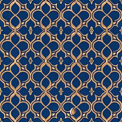 Seamless golden geometric pattern on dark blue background: ornate arabesque design