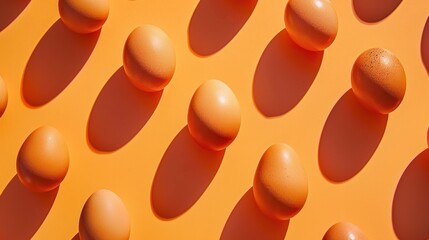 Minimalist pattern of eggs on a vibrant orange background with shadows