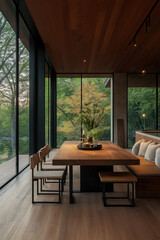 Fototapeta premium Modern dining area with large windows overlooking a serene forest in the evening light