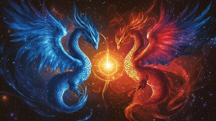Cosmic Battle of Blue and Red Dragons
