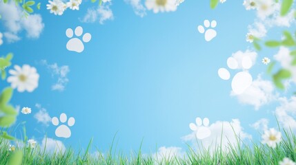 Fototapeta premium Whimsical sky with paw prints and daisies in a sunny field