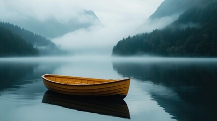 Fototapeta premium Serene yellow boat floating on misty mountain lake in tranquil morning
