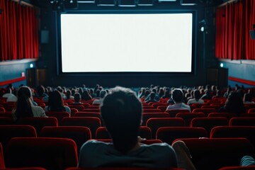Red chairs  blank screen  silhouettes watching movie in cinema.