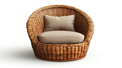Fototapeta premium Comfortable wicker armchair with soft cushion, perfect for home relaxation.