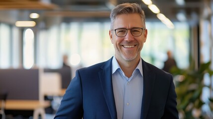Confident corporate businessman smiling in modern open office environment