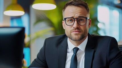 Corporate businessman engaged in video call with professional office background
