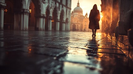 Woman walking towards sunrise in an European city square.