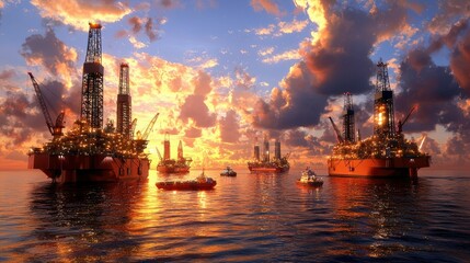 Obraz premium Stunning sunset over offshore oil rigs with ships in the distant ocean horizon