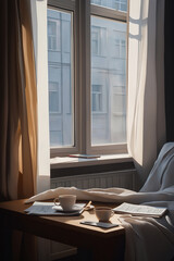 Fototapeta premium Cozy morning setting with sunlight streaming through the window in a quiet room
