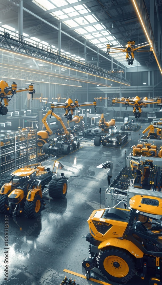 Poster futuristic automated farming equipment factory with robotic systems and smart drones