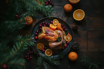 Festive holiday table with roasted turkey, citrus fruits and pine decorations