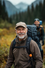 Senior hiker enjoying nature while exploring a scenic mountain trail with friends