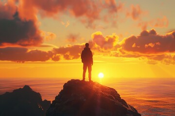 Obraz premium Man on rock admiring sunset in nature.