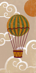 Vintage Hot Air Balloon in Rustic Sky with Clouds and Sun