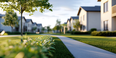 serene view of new housing complex featuring neat pathways, lush greenery, and modern homes. scene evokes sense of tranquility and community