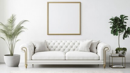 Template mockup layout clean blank rectangular white on the wall framed as a blank picture on the background of interior light living room with white sofa and indoor plant, 3d design, photo. For adver