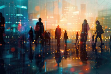 Abstract city with business people and network interface overlay.