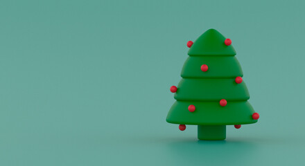 A Green Christmas tree with presents beneath, on a shiny surface, against a green wall