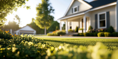 cozy suburban house with well maintained lawn and garden, surrounded by trees and sunlight, creating warm and inviting atmosphere