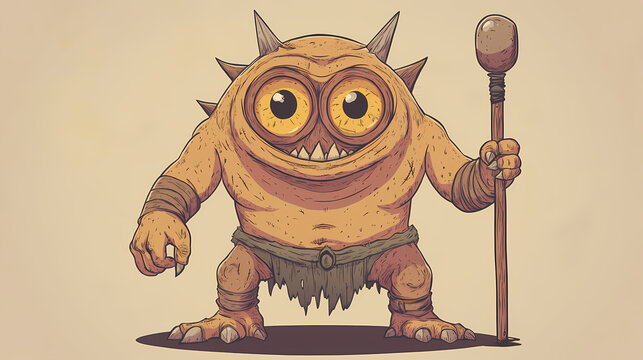 Giant oneeyed cyclop with club in one hand - a cartoon of a monster. Giant Cyclops. Illustration